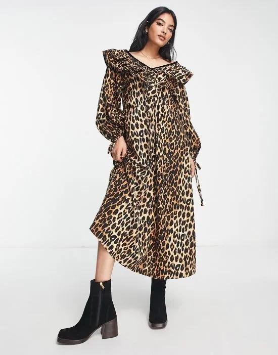 cotton textured midi dress in leopard print