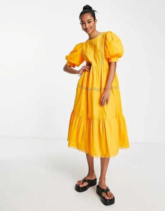 cotton tiered embroidered midi dress in orange - ORANGE