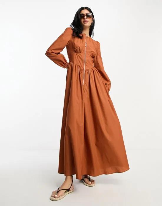 cotton utility drop waist maxi dress with zip detail in tobacco