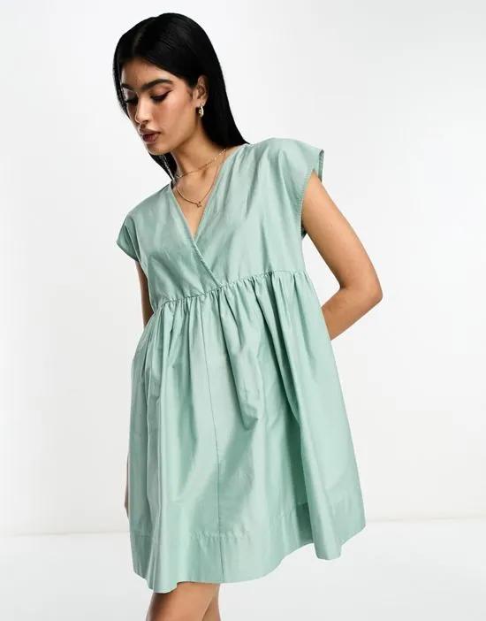 cotton v neck mini smock dress in seafoam green