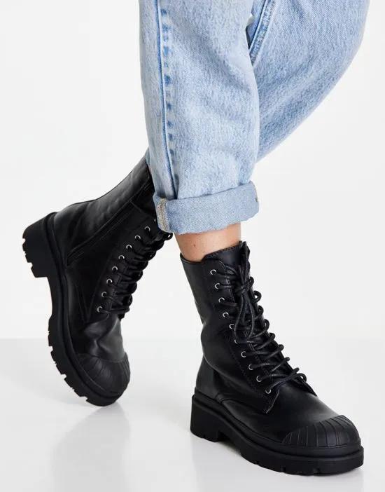 Counter lace up chunky biker boots in black