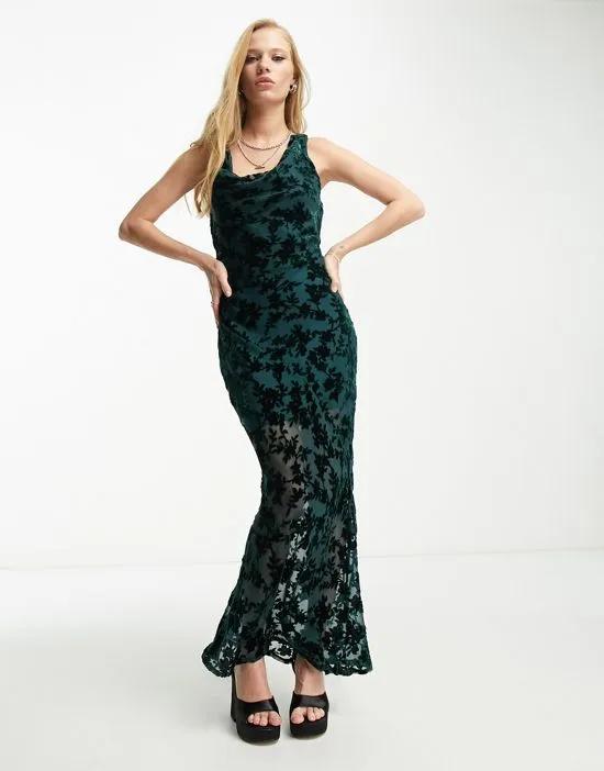 cowl front maxi dress with open back in green burnout velvet