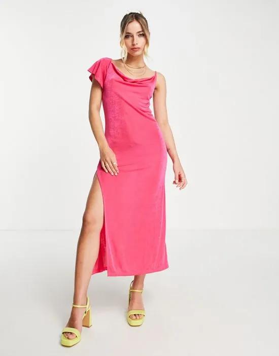 cowl front midi dress in bright pink