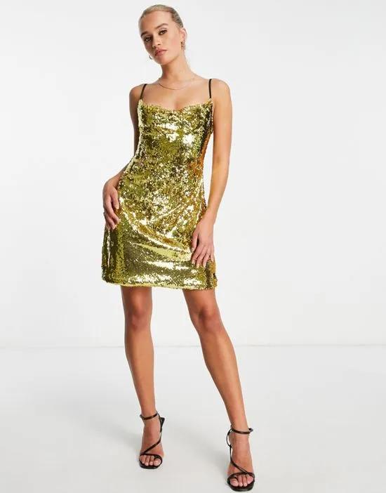 cowl front mini dress with open back in gold sequin