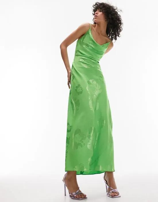 cowl neck cami maxi slip dress in green jacquard