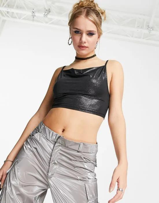 cowl neck cropped cami top in metallic black