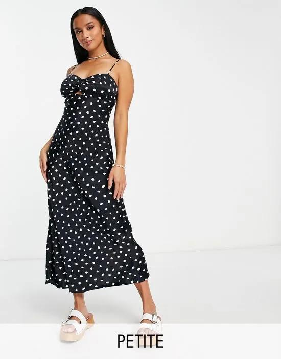 cowl neck dress in black polka dot print