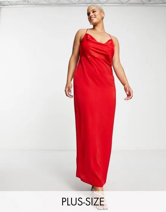 cowl neck satin maxi dress in red