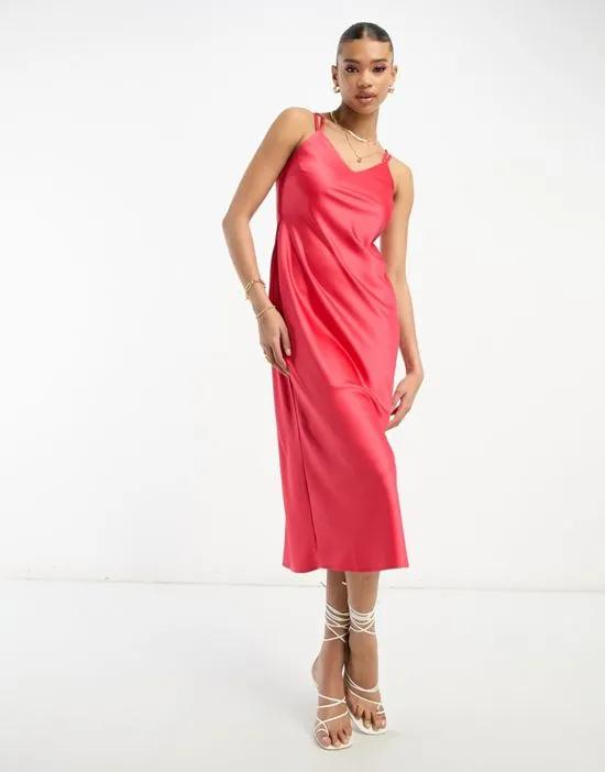 cowl neck satin midi dress with cross back in red