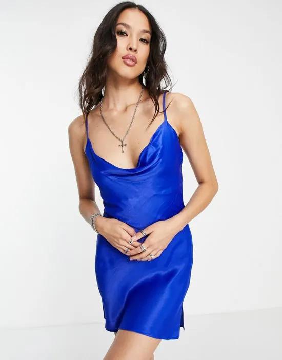 cowl neck satin mini dress in blue
