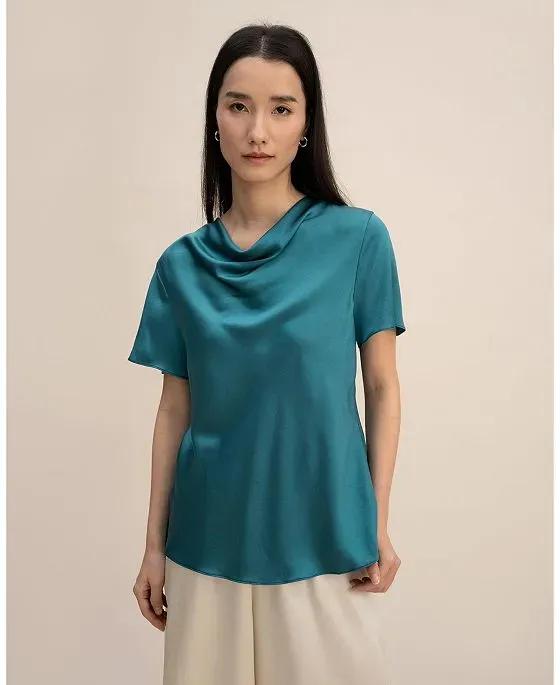 Cowl Neck Short Sleeves Silk T-Shirt for Women