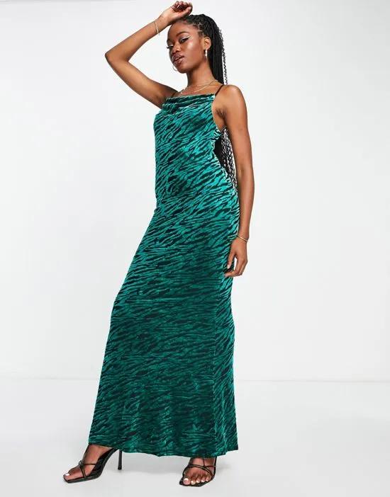 cowl neck velvet burnout maxi dress in emerald