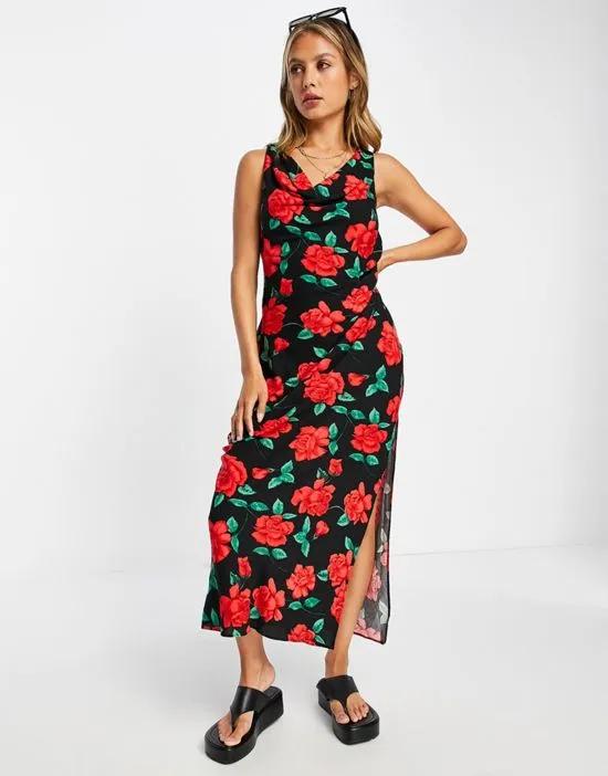 cowl ruched side midi dress with slit in vintage rose