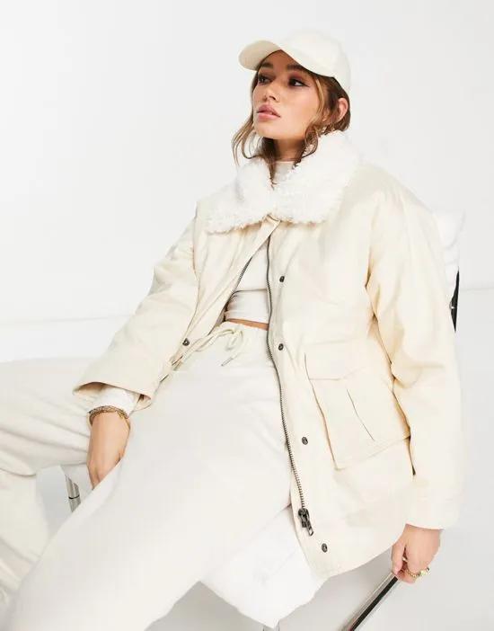 cozy borg collared cotton puffer jacket in cream