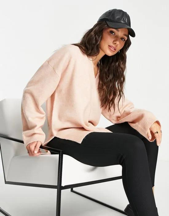 cozy deep-v sweater in pale blush