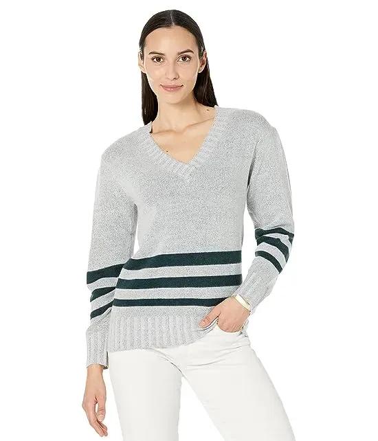 Cozy Sweater Long Puff Sleeve Stripe Top