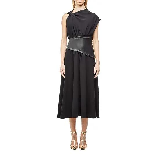Crepe Asymmetrical Dress with Leather Waistband