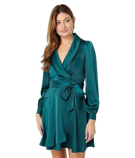 Crepe Back Satin Long Sleeve Faux Wrap Dress Fit-and-Flare with Self Sash