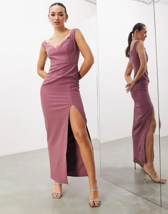 crepe bardot column maxi dress with split in orchid