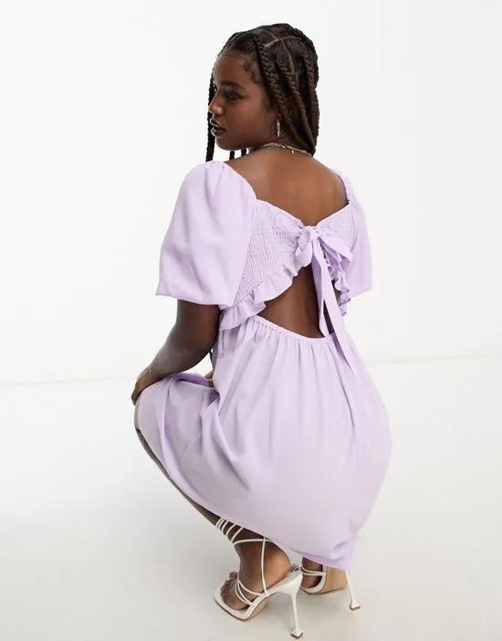 crepe puff sleeve open back mini dress in lilac