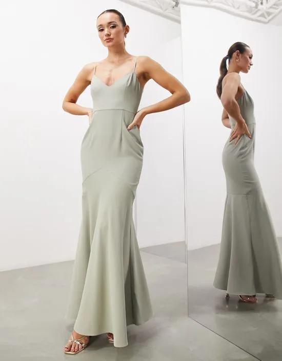 crepe strappy fishtail maxi dress in sage green