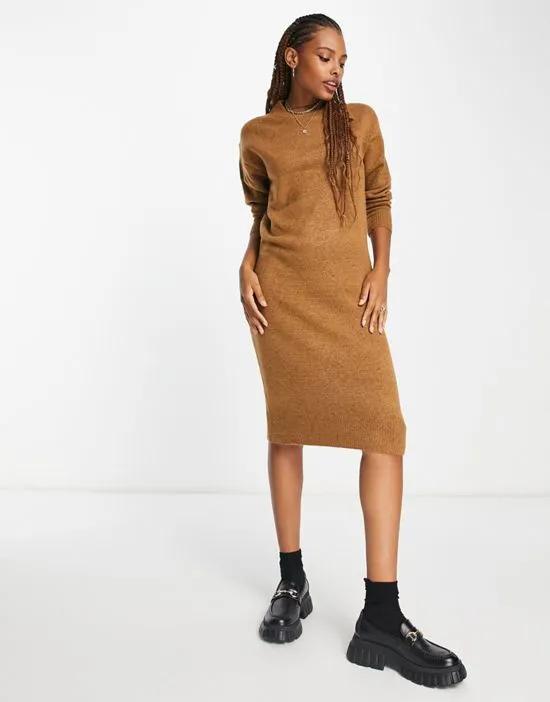 crew neck midi knitted dress in mid brown