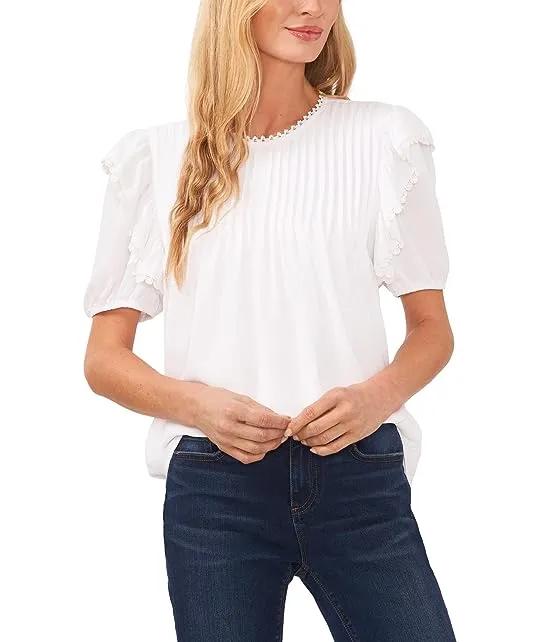 Crew Neck Pin Tuck Blouse with Ruffles