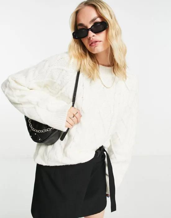 crew neck sweater with cable in cream