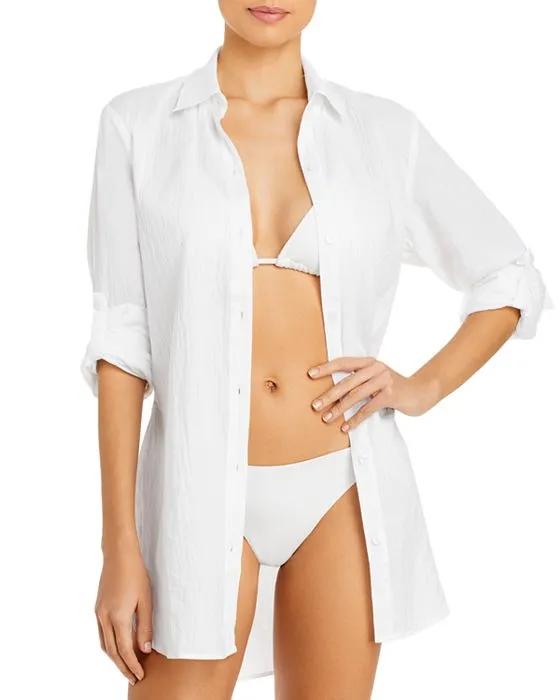 Crinkle Boyfriend Shirt Swim Cover-Up