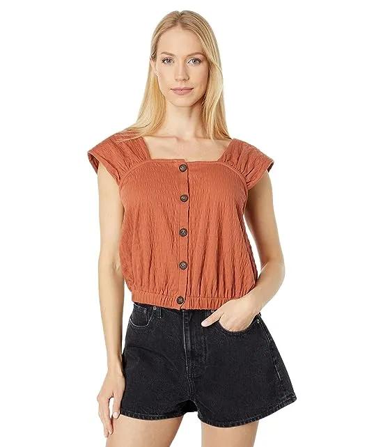Crinkle-Knit Button-Front Top