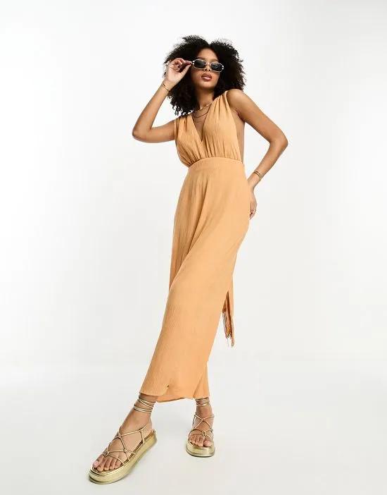 crinkle plunge midi sundress with wrap waist detail and fringe tie in camel