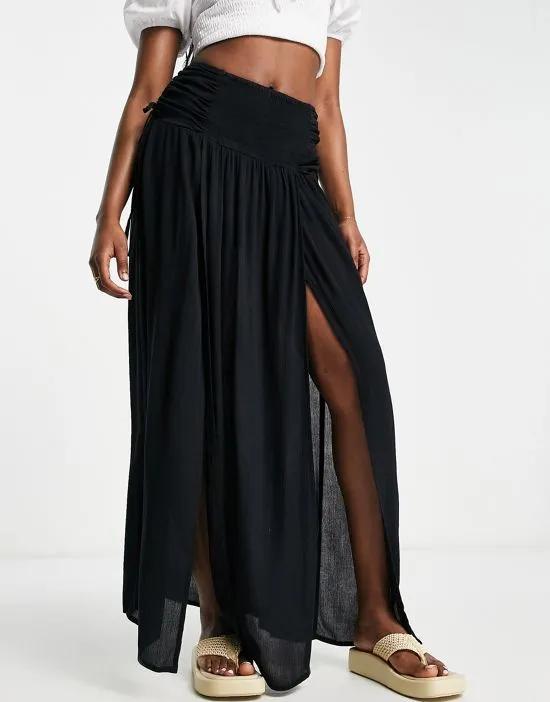crinkle shirred waist maxi skirt with ruched sides in black