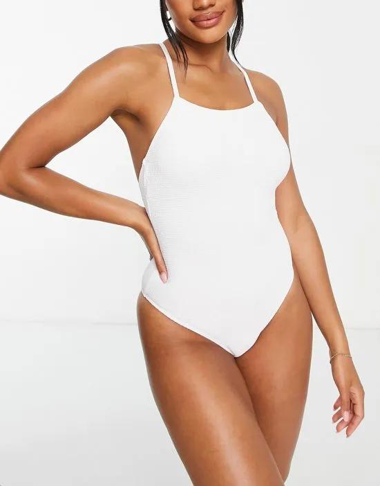 crinkle square neck high leg swimsuit in white