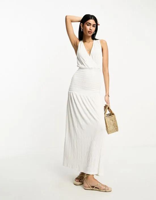crinkle v neck maxi smock dress with shirred waist in off white