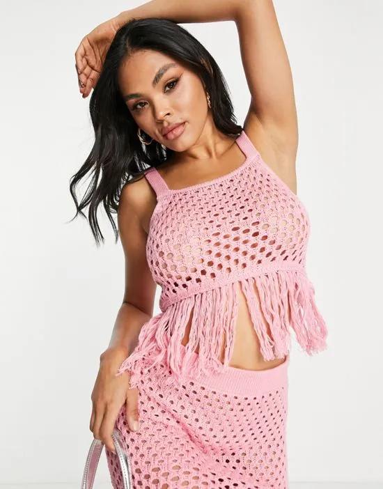 crochet beach top with fringe hem in pink - part of a set