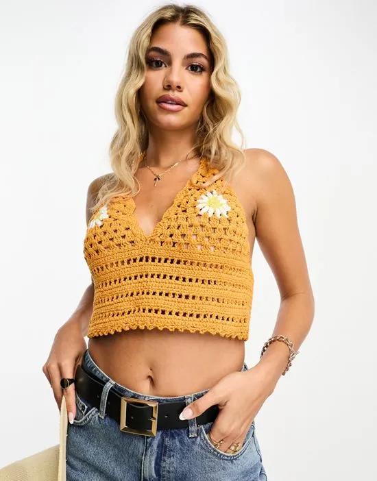 crochet halter neck top with daisy print in orange