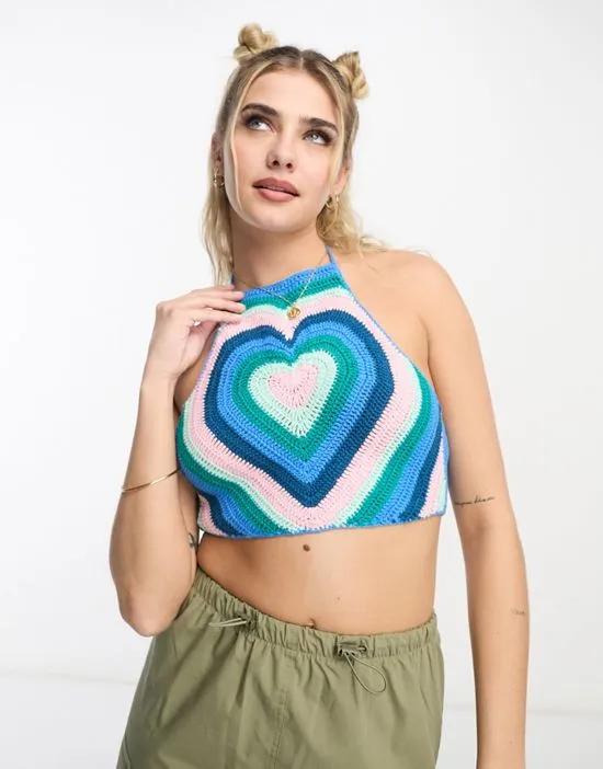crochet heart crop top in blue