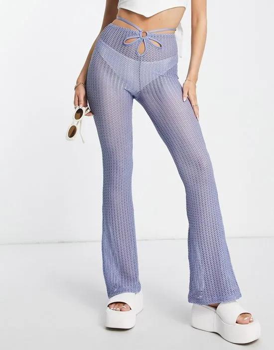 crochet sheer flare pants with ring detail in blue