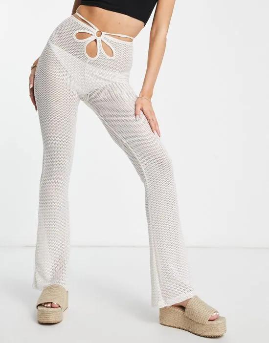 crochet sheer flare pants with ring detail in cream