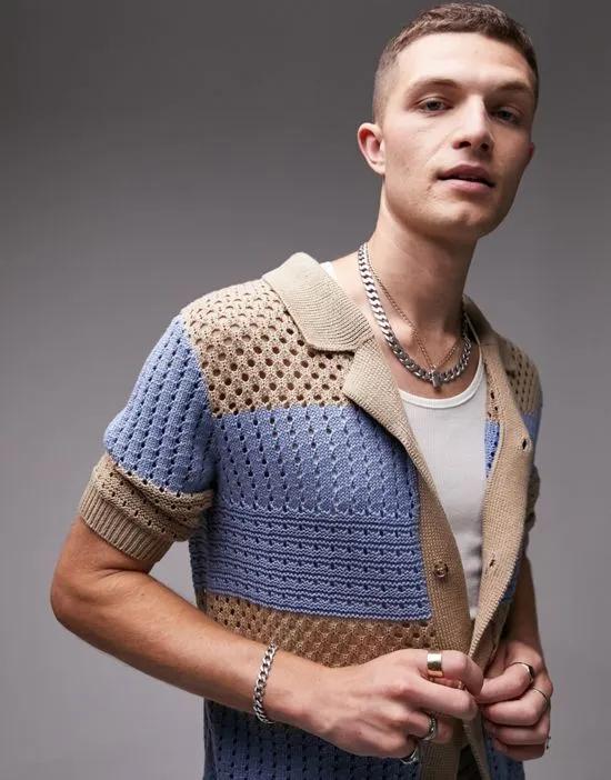 crochet shirt in stone and blue