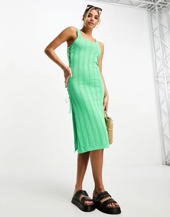 crochet side ruched midi beach dress in bright green