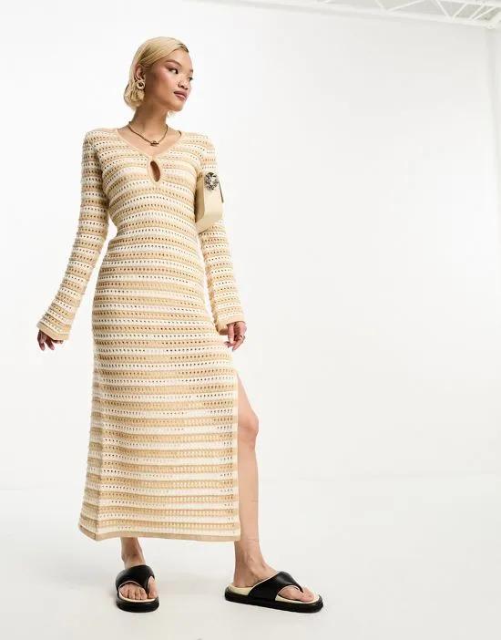 crochet side split maxi dress in beige stripe