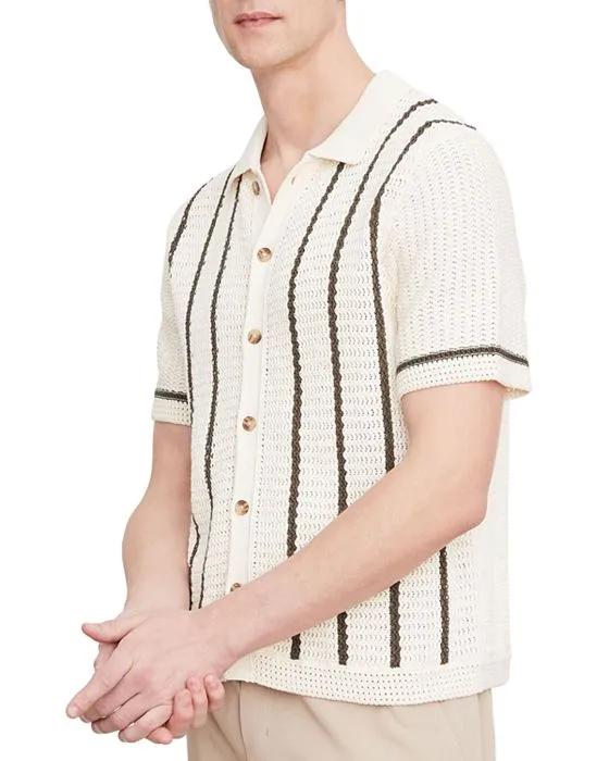 Crochet Striped Short Sleeve Button Down Shirt