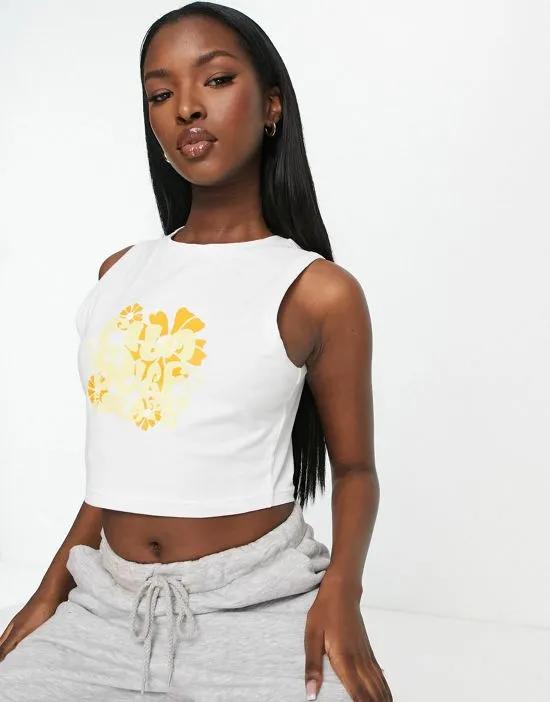crop top with 60s print in white and yellow