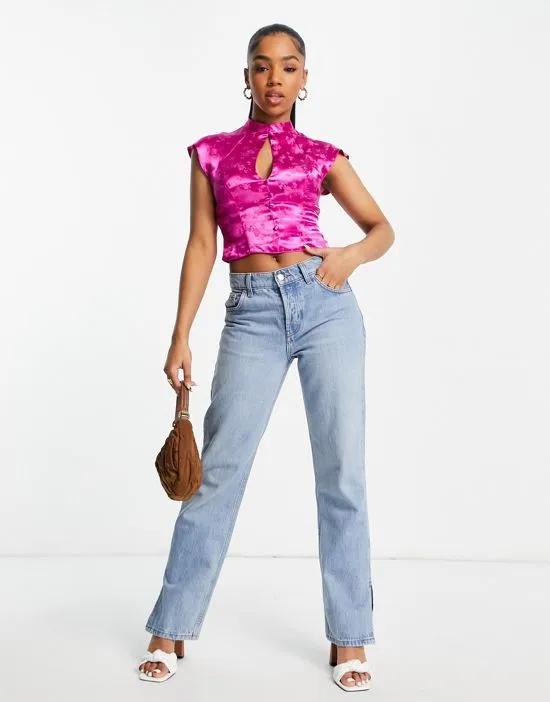 crop top with button front and keyhole detail in pink