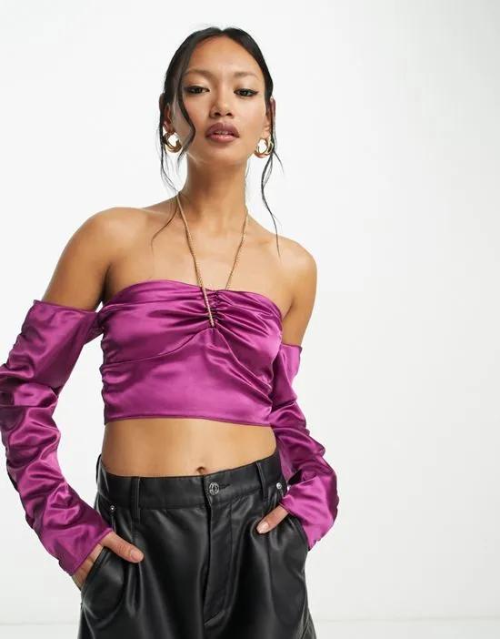 crop top with cold shoulder & chain detail in purple satin