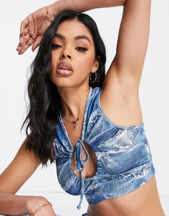 crop top with cut out detail in denim print - part of a set