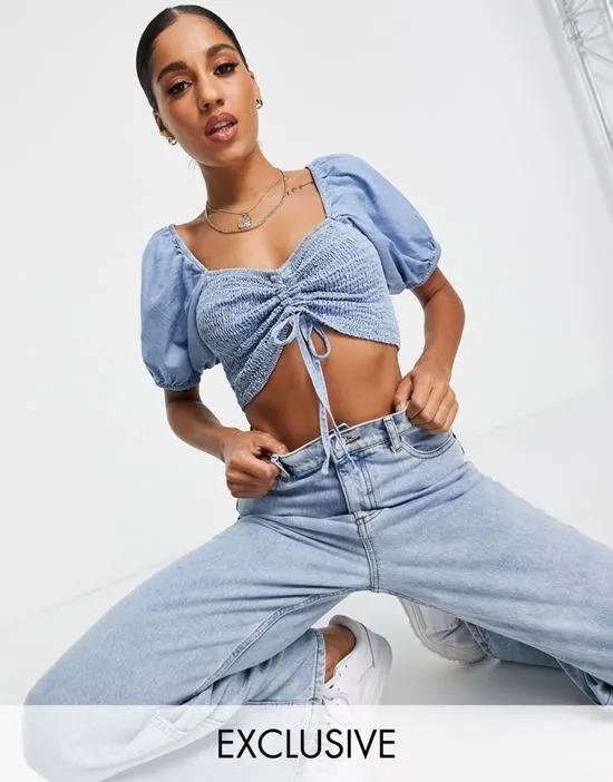 crop top with ruched front in blue chambray