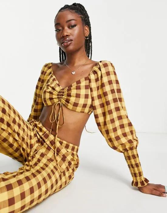crop top with shirred sleeves in check - part of a set