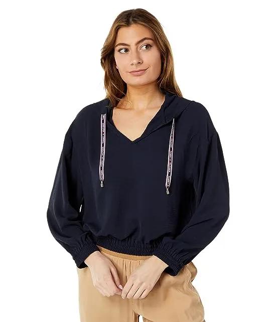Crop Woven Hooded Pullover Blouse